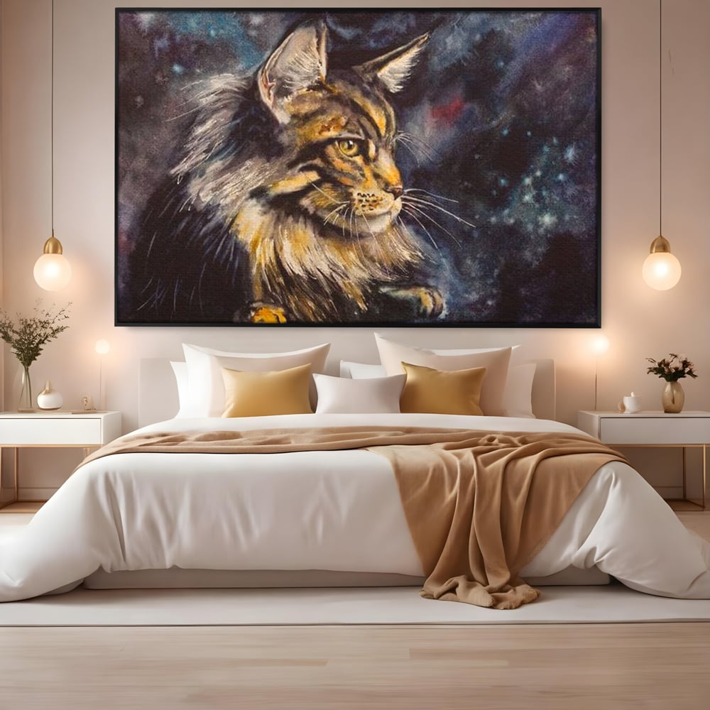 Tablou canvas cu tablou canvas cu pisica in galaxie, in rama de aluminiu negru, pe perete intr-un dormitor